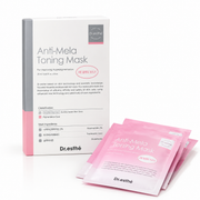 Dr. esthé Anti-Mela Toning Mask packaging box in white and pink, shown with several individual pink sachets in front on a clean white background.