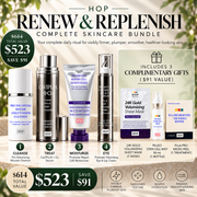 HOP Renew & Replenish skincare bundle featuring four professional skincare essentials plus three complimentary gifts, $614 total value for $523, saving $91.