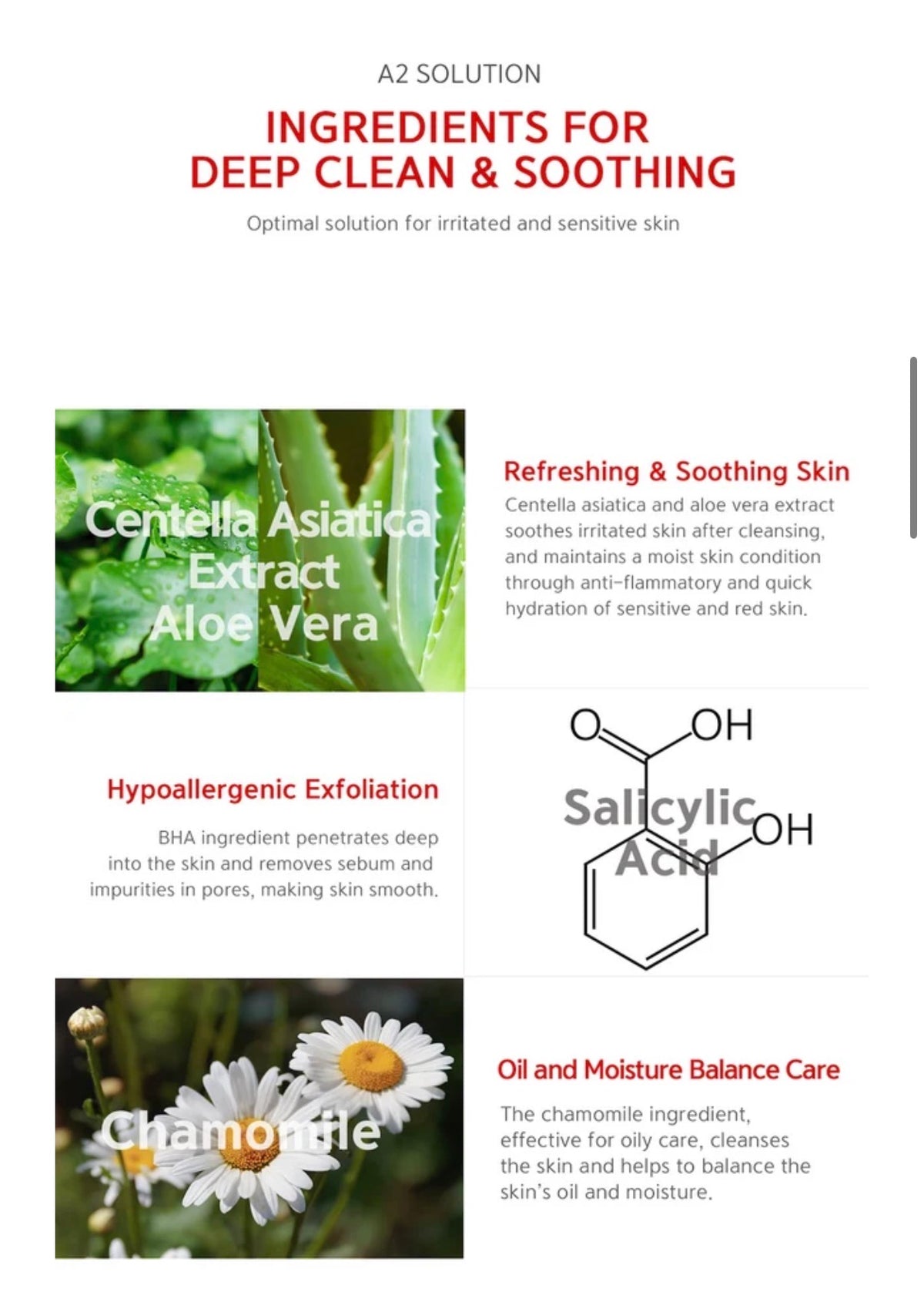 A product ingredients infographic for 'A2 SOLUTION INGREDIENTS FOR DEEP CLEAN & SOOTHING'. The graphic features three panels with text descriptions of ingredients: Centella Asiatica Extract and Aloe Vera (green leaf image), Salicylic Acid (chemical formula diagram), and Chamomile (white daisy image), all on a white background with red and black text.