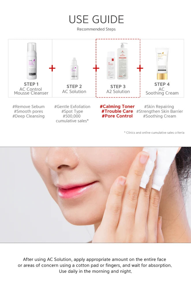 A product use guide infographic for an AC skincare set, featuring step-by-step recommendations with product images and text, plus a lifestyle close-up of a woman applying a skincare cream to her face.