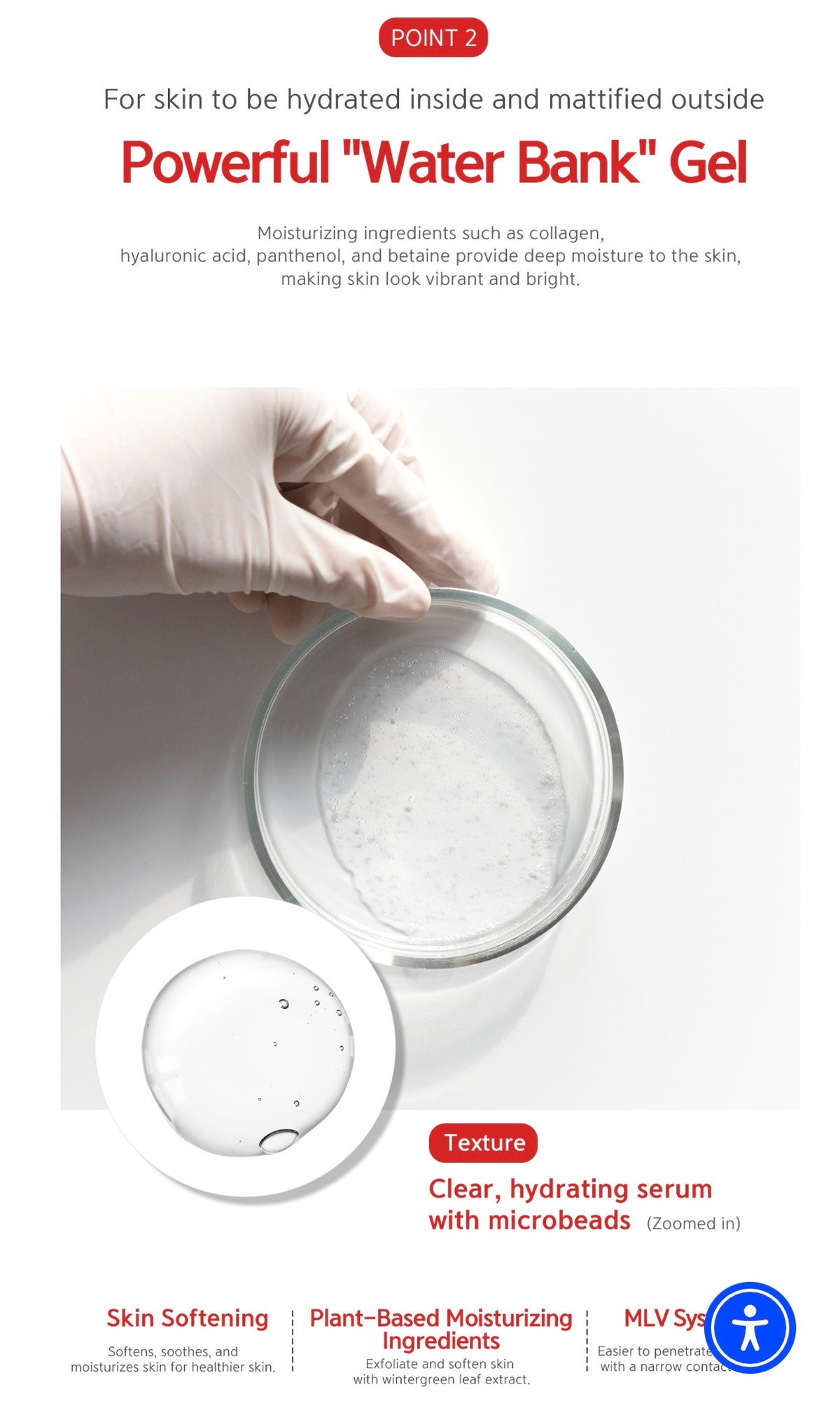 A promotional graphic for a hydrating gel serum. It features a hand in a white glove holding an open glass jar filled with clear gel, with its white lid beside it.