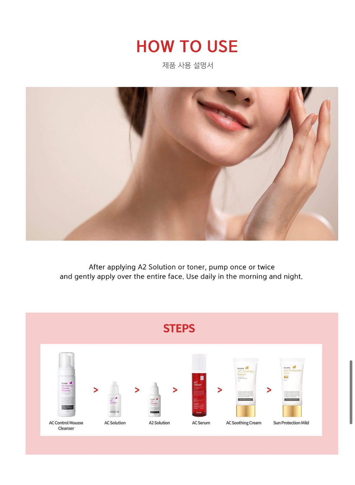 An instructional skincare guide titled 'HOW TO USE' with a photo of a woman applying cream to her face, followed by usage steps showing several skincare bottles and tubes labeled AC Control Masque Cleanser, AC Solution, AC Serum, AC Soothing Cream, and Sun Protection Milk.