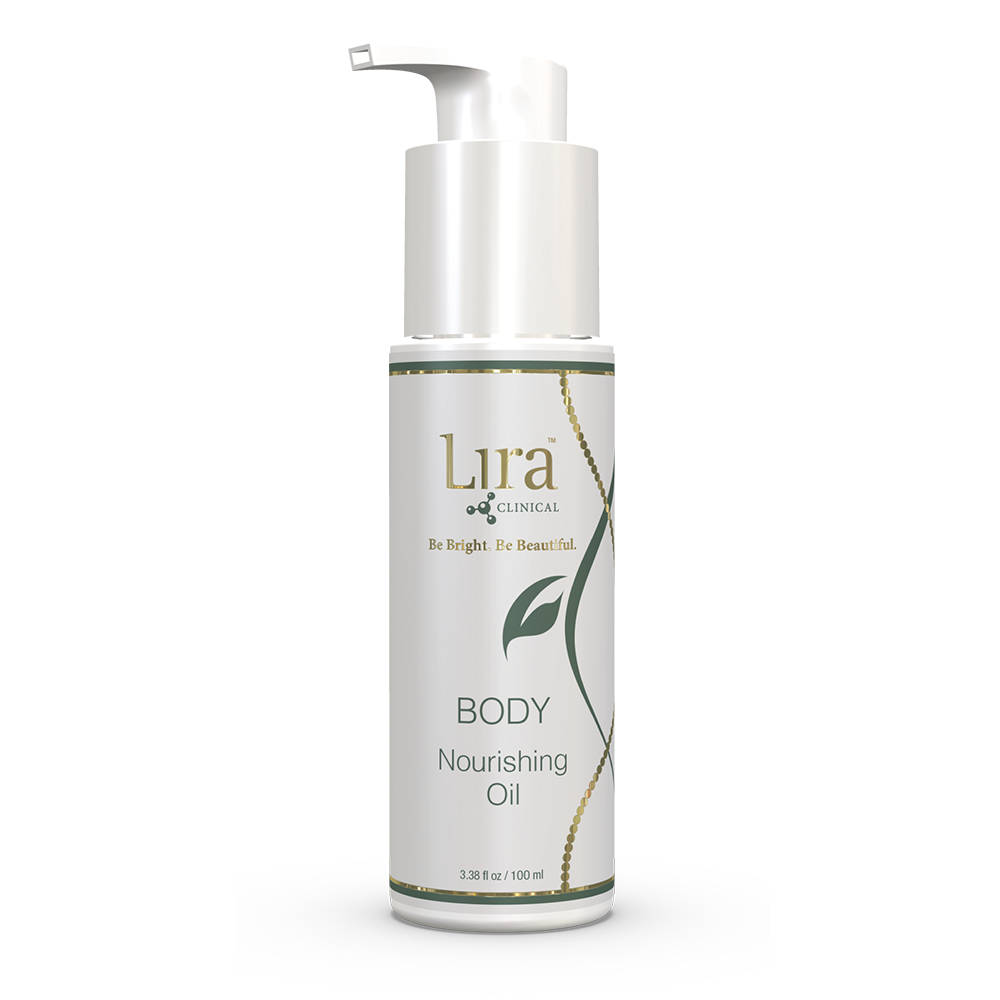 A pump bottle of Lira Clinical BODY Nourishing Oil.